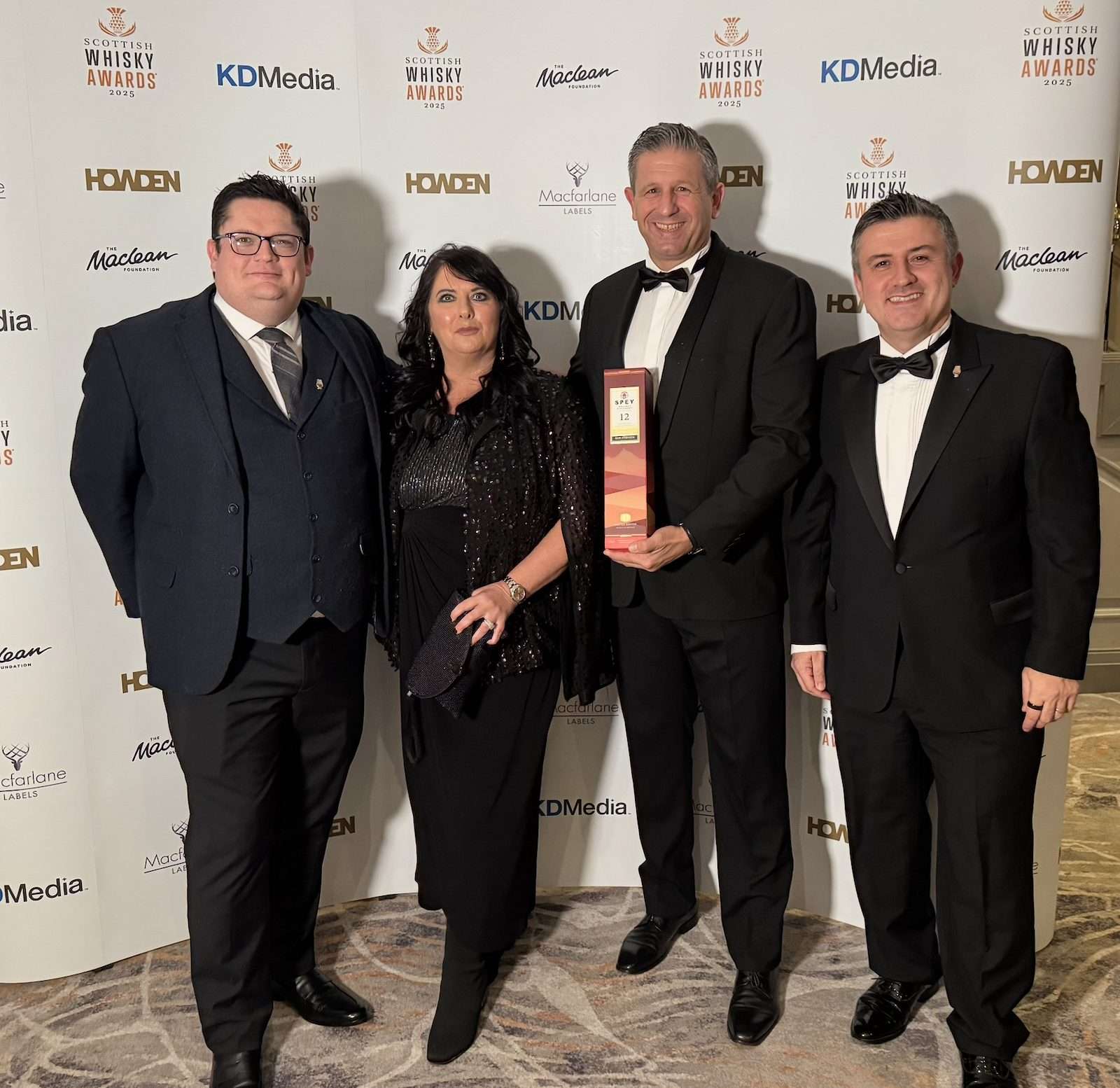 Speyside Distillery's Andrew Ferguson and Patricia Dillon with Tonnellerie Quintessence's Emmanuel Boudaric and Andre de Almeida with the new SPEY 12yo Brume Dorée